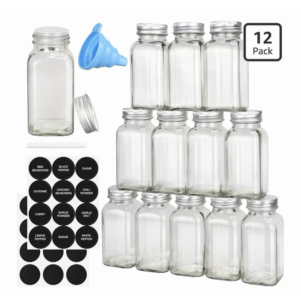 12pcs Square Spice Jars 4 oz Kitchen Seasoning Bottles NIB